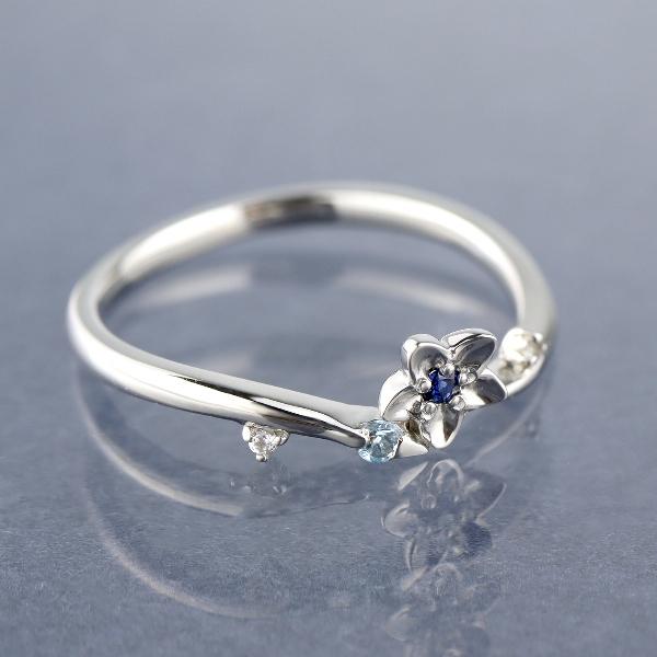 PT900 サファイア フラワー プラチナ リング 指輪 花 天然石 アクアマリン ブルートパーズ 可愛い かわいい 清楚 レディース 爆買の画像