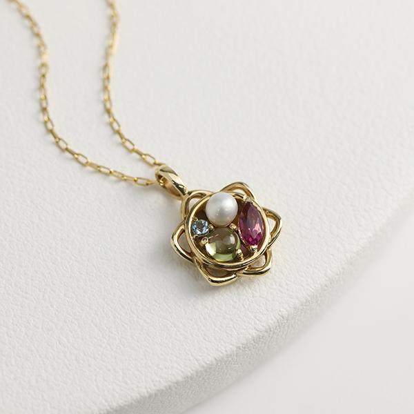 天然石 パール フラワー ゴールド ネックレス K10 花 カラーストーン ピンクトルマリン ペリドット ブルートパーズ レディース 爆買