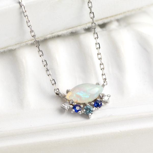 K18 ブルー 天然石 オパール ネックレス サファイア ブルートパーズ ダイヤモンド 18金 18k ホワイトゴールド 青 上品 レディース 爆買の画像