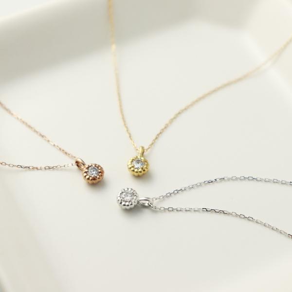 K18 一粒 天然 ダイヤモンド ホワイトゴールド ネックレス 18金 18k ゴールド ミル打ち ダイヤ シンプル 定番 レディース 爆買の画像