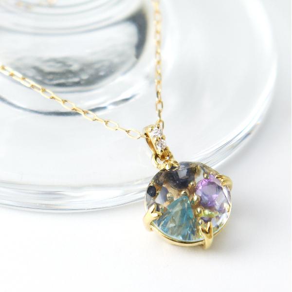 K18 透かし カラーストーン ゴールド ネックレス 天然石 ダイヤモンド カラフル 色石 18金 18k キラキラ ドーム 一粒 レディース