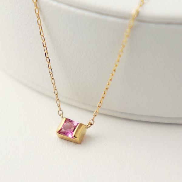 K18 ピンクトルマリン スクエア ゴールド ネックレス 一粒 天然石 誕生石 10月 18金 18k ピンク トルマリン かわいい レディース