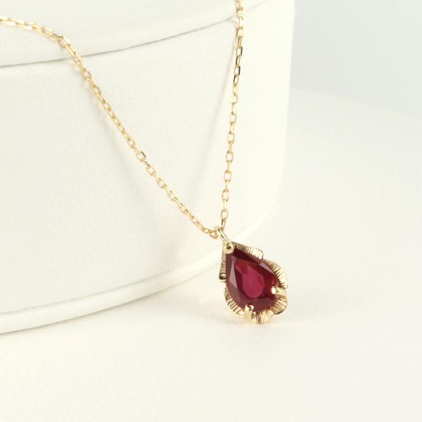 ドロップ ルビー ゴールド ネックレス K10 天然石 一粒 上品 地金 彫り 綺麗 滴 雫 しずく 繊細 華奢 10金 10k 高級感 レディース
