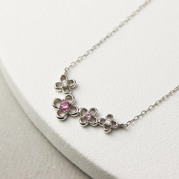 ピンクサファイア フラワー ライン ネックレス K10 ホワイトゴールド 花 ダイヤモンド ピンク サファイア 10金 10k レディース 爆買