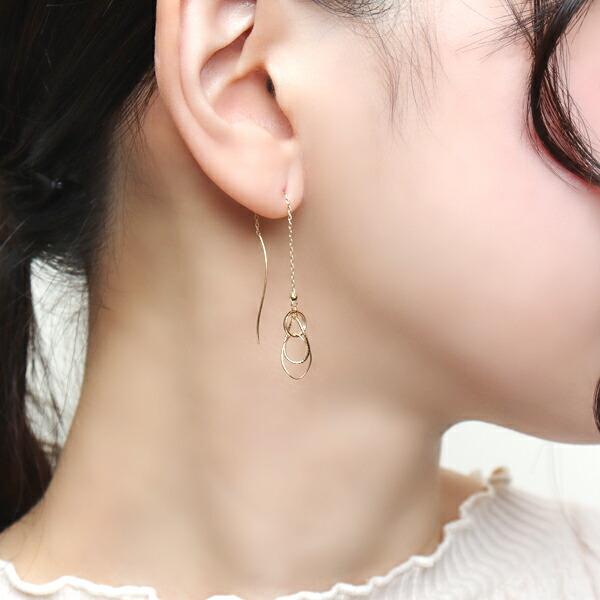 K18 ゴールド 幾何学 アメリカンピアス 2P 両耳用 18金 18k 金 ピアス ゴールドピアス チェーンピアス ロングピアス 揺れる 地金 華やか 豪華 大人 爆買の画像
