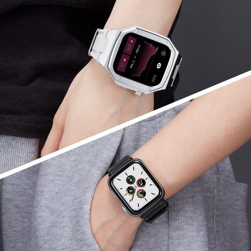 コンパチブル Apple Watch バンド 44mm 45mm 2本セット 頑丈な金属製の保護ケース付きシリコン時計ベルトと交換用帆布スト