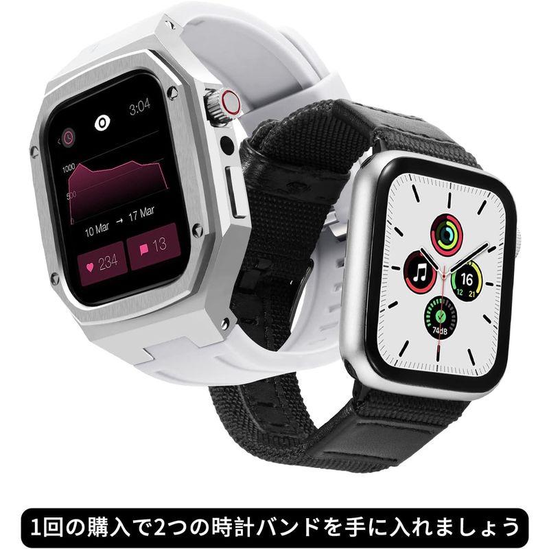 コンパチブル Apple Watch バンド 44mm 45mm 2本セット 頑丈な金属製の保護ケース付きシリコン時計ベルトと交換用帆布スト