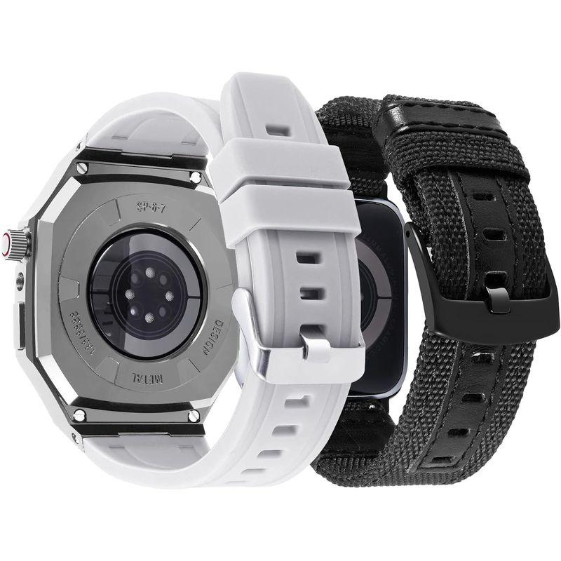 コンパチブル Apple Watch バンド 44mm 45mm 2本セット 頑丈な金属製の保護ケース付きシリコン時計ベルトと交換用帆布スト