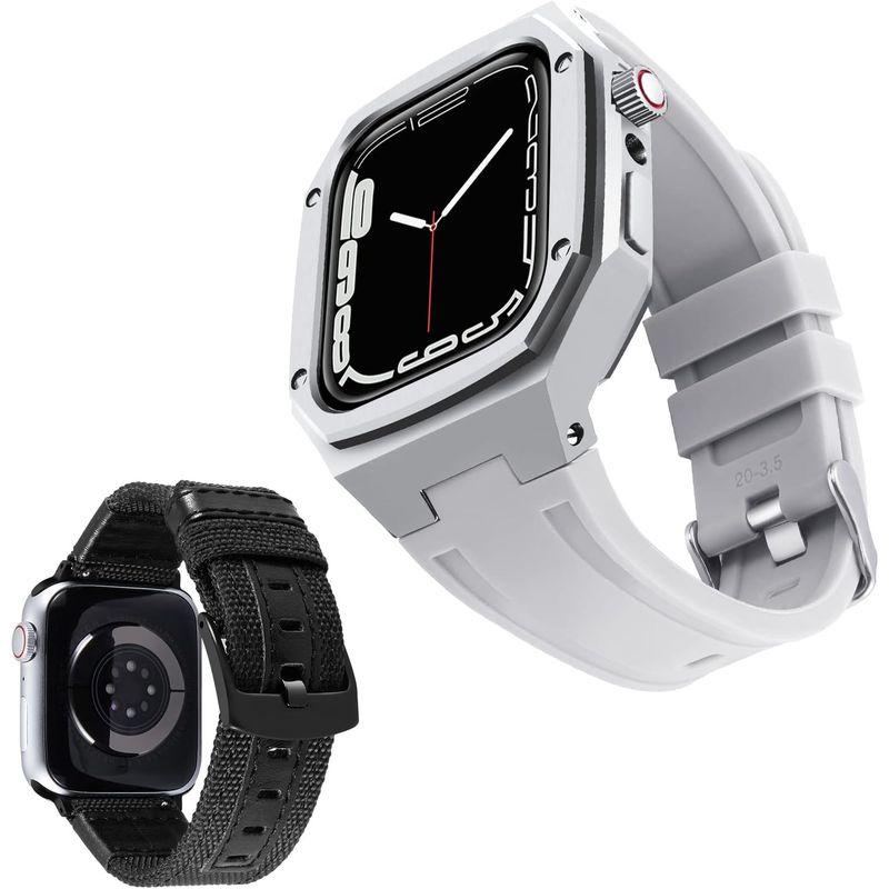 コンパチブル Apple Watch バンド 44mm 45mm 2本セット 頑丈な金属製の保護ケース付きシリコン時計ベルトと交換用帆布スト
