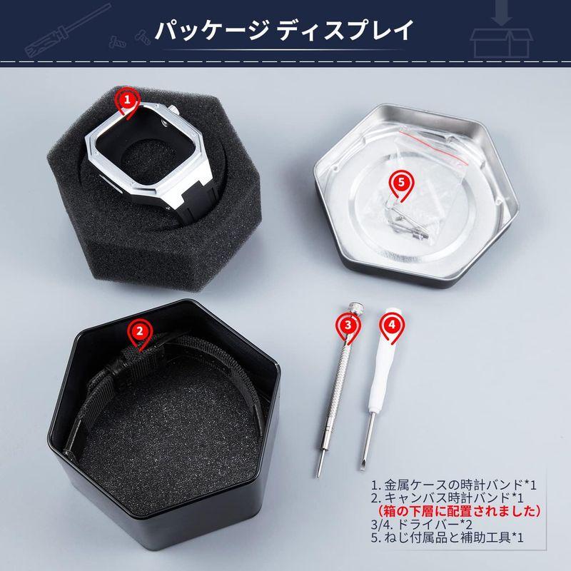 コンパチブル Apple Watch バンド 44mm 45mm 2本セット 頑丈な金属製の保護ケース付きシリコン時計ベルトと交換用帆布スト