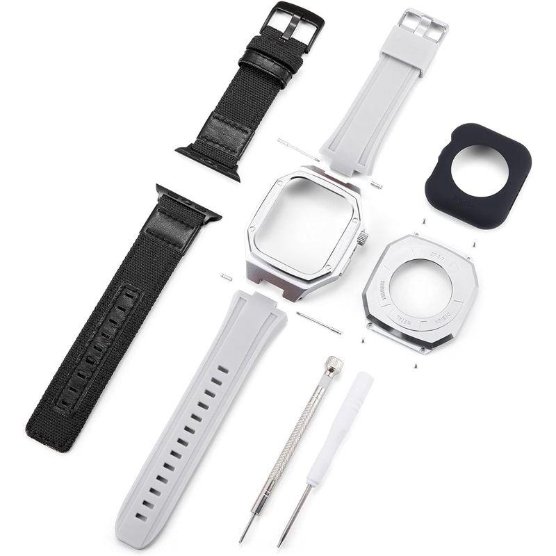 コンパチブル Apple Watch バンド 44mm 45mm 2本セット 頑丈な金属製の保護ケース付きシリコン時計ベルトと交換用帆布スト