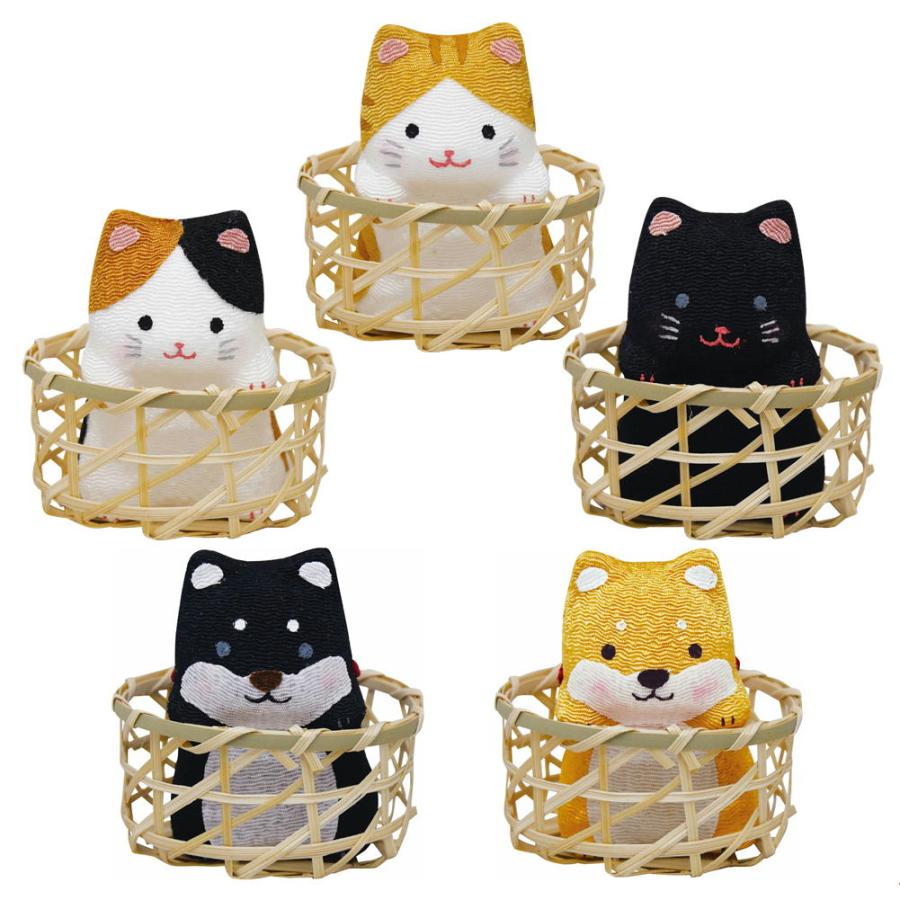 ちりめん かごねことかごいぬ 三毛猫/トラ猫/黒猫/柴犬/シバ/黒柴/置物
