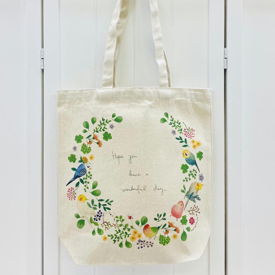 キャンバストートバックM　小鳥のリース　鳥雑貨・とりグッズ☆オカメ・セキセイ・コザクラ・アキクサ・マメルリハ・シマエナガ・ボタンインコ☆ | 