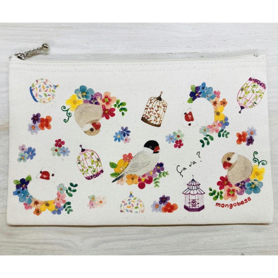フラットポーチ Flowerシリーズ 文鳥 鳥 雑貨・ことりグッズ : 犬雑貨
