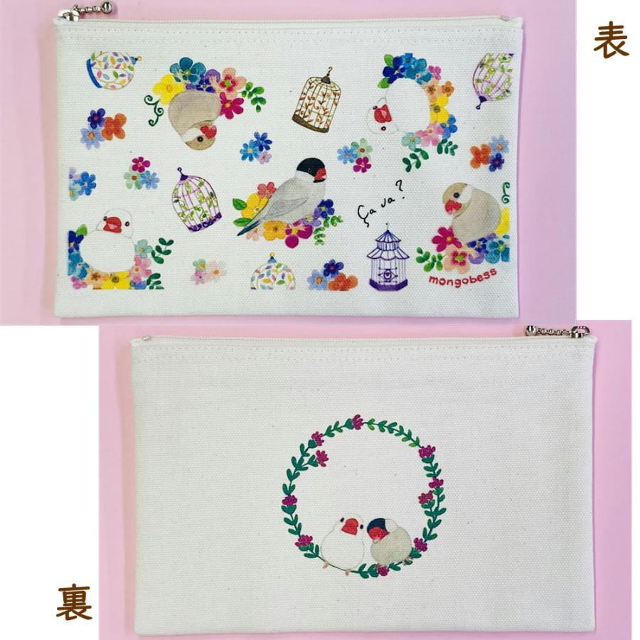 フラットポーチ Flowerシリーズ 文鳥 鳥 雑貨・ことりグッズ : 犬雑貨