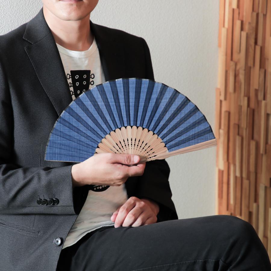 扇子 京扇子 武州正藍染 紳士 綿 男性用 布扇子 扇子袋付き 化粧箱入り