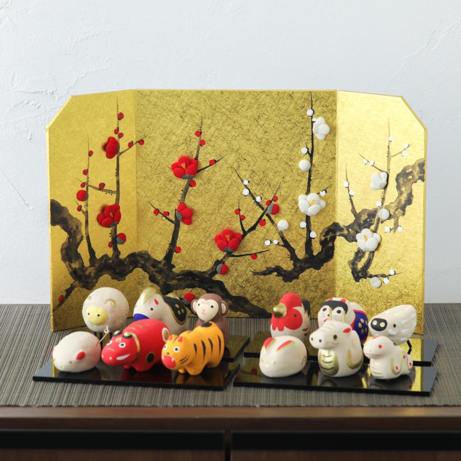 屏風 紅梅図 金屏風 縁起物 置物 正月飾り オブジェ ディスプレイ