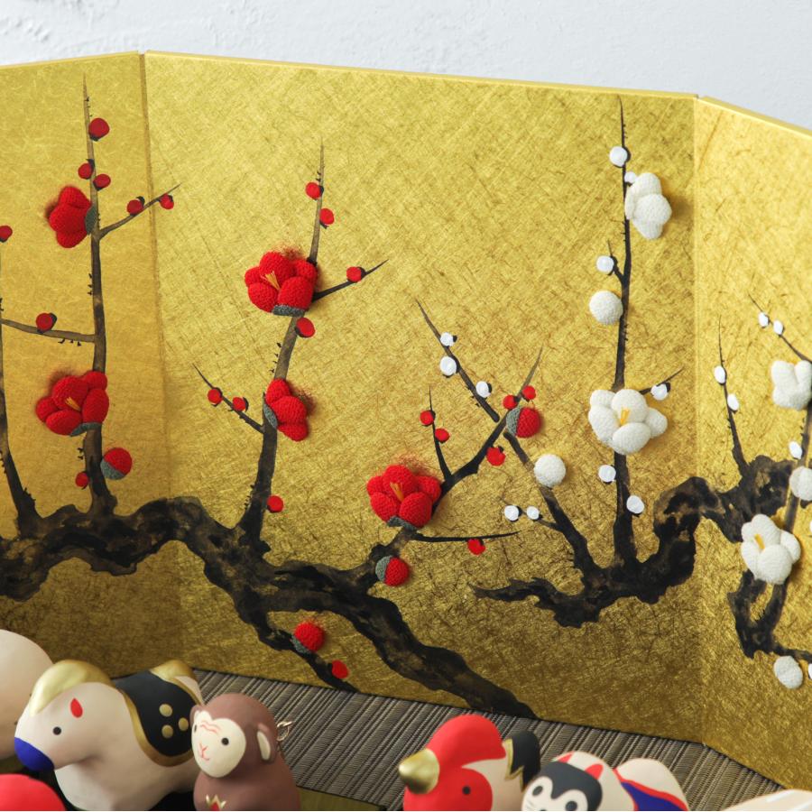 屏風 紅梅図 金屏風 縁起物 置物 正月飾り オブジェ ディスプレイ