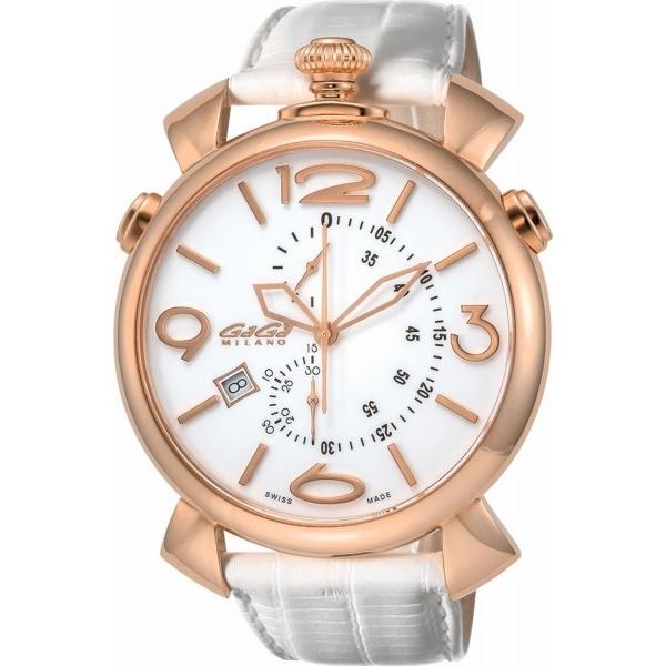腕時計 メンズ ガガミラノ Gaga Milano シン 安心と信頼 クロノグラフ クォーツ ホワイト色 日付表示 ローズゴールド 革ベルト Wmwh ホワイト スイス製