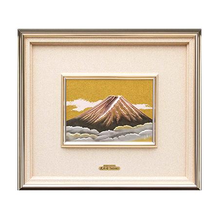 【高貴・純金純銀装飾】赤富士 銅板彫刻 芳光刻 額装 40×30cm 状態良好 お取り寄せ品・受注後約1ヶ月】純銀レリーフ額 赤富士 5号 菊紋入り 32