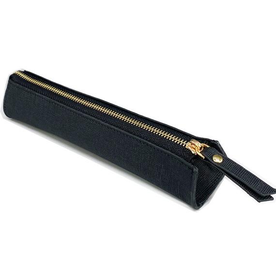 ふでばこ 本革 三角ペンケース 筆箱 スリム ファスナーチャック 牛革 ブラック