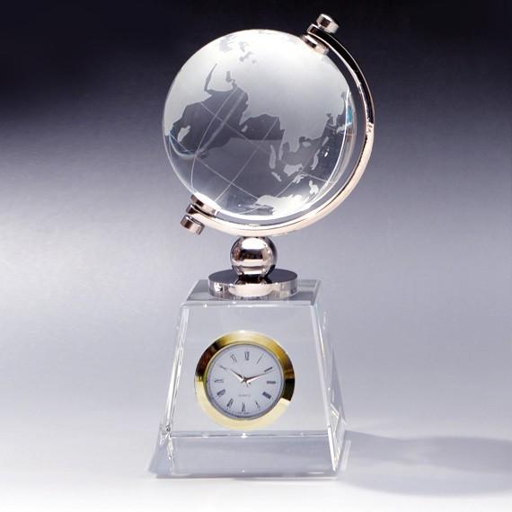 クリスタルインテリア 水晶球60mm ゴールド時計付き地球儀 台座付き