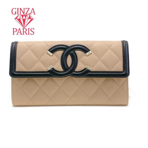 未使用品　シャネル　CHANEL  CCフルグリー　キャビアスキン　フラップウォレット　ベージュ×ブラック　A84448 | CHANEL | 01