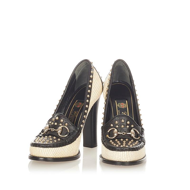 特価ブランド アイボリー ブラック スタッズ ホースビット グッチ あす着対応 レザー 中古 Gucci レディース パンプス ストロー シューズ