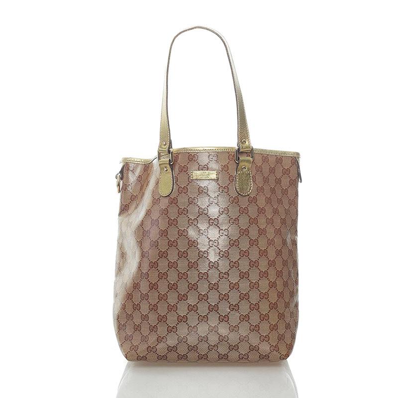 GUCCI グッチハンドバッグ クリスタル レザーブラウンゴールド