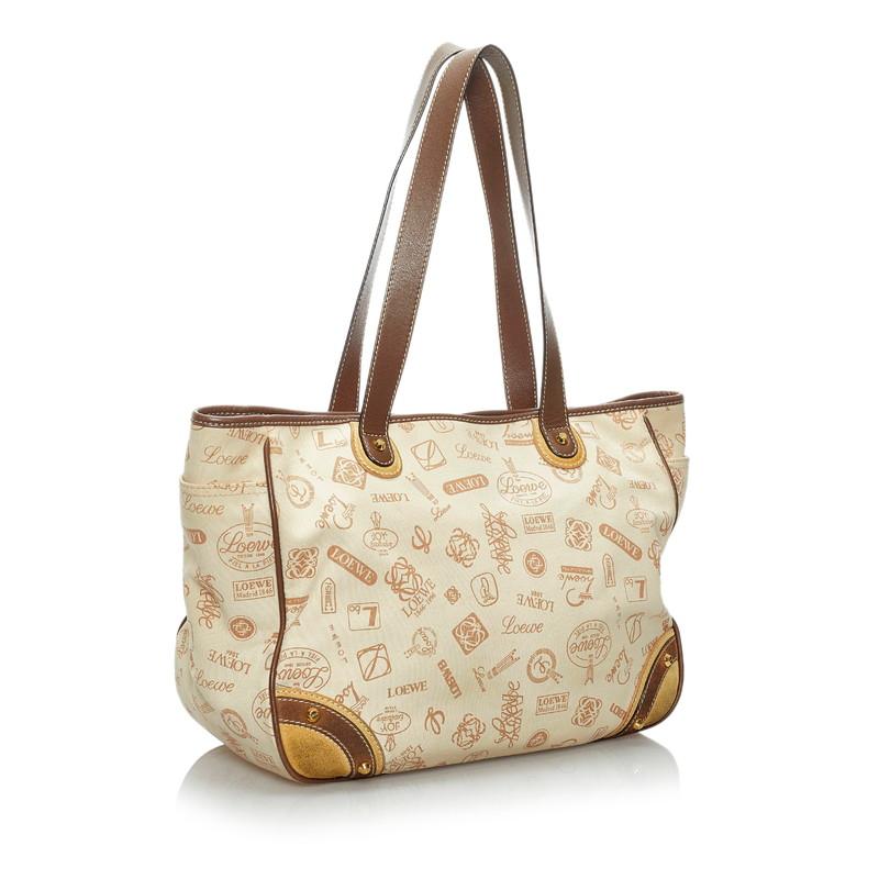 ロエベ アナグラム トートバッグ ベージュ ブラウン キャンバス レザー