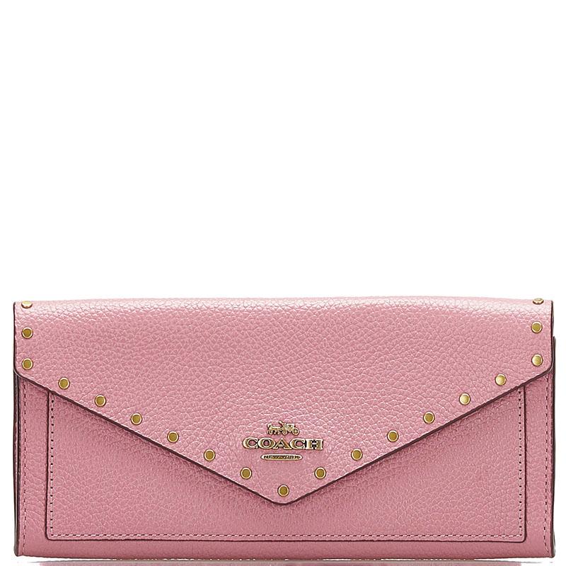 COACH コーチ スタッズ 長財布 ピンク レザー レディース 【中古