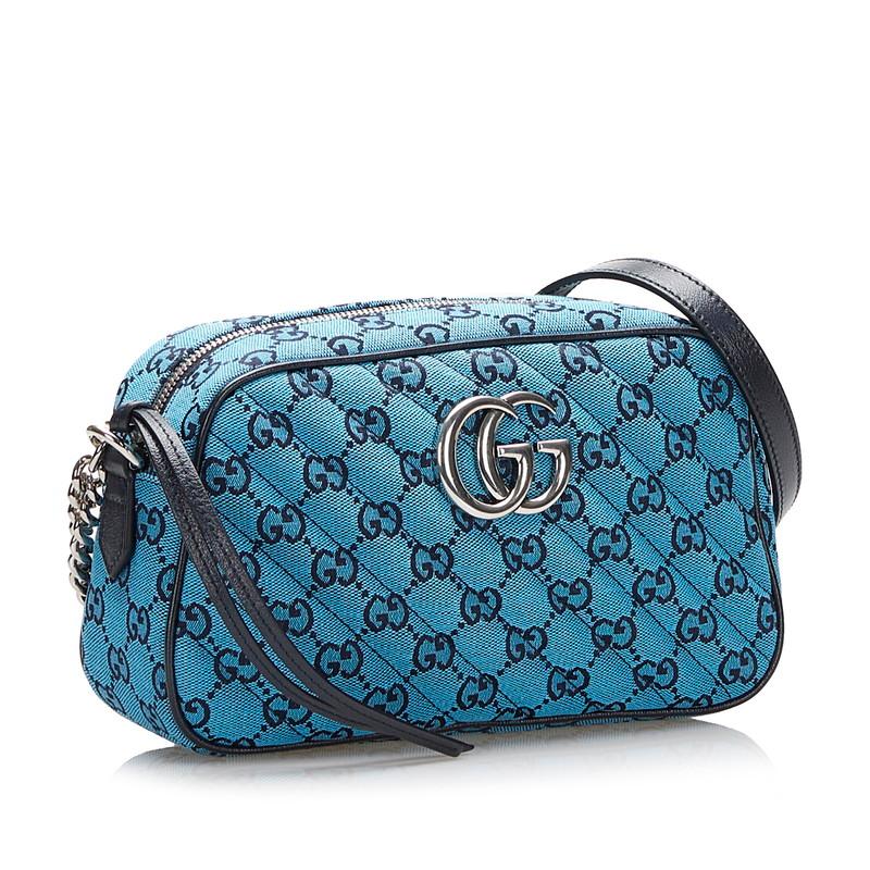 GUCCI グッチ GGマーモント キルティングチェーンショルダーバッグ ライトブルー キャンバス×レザー 447632 シルバー金具 GUCCI - GUCCI グッチ GGマーモント キルティングチェーンショルダー