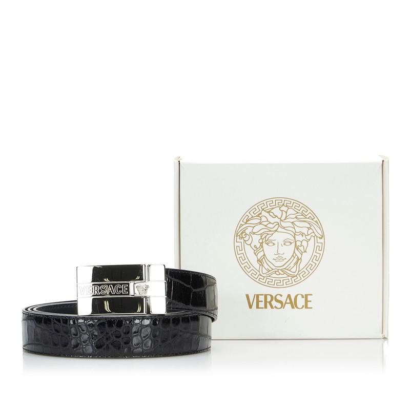 ヴェルサーチェ クロコ 型押し ベルト ブラック レザー メンズ VERSACE