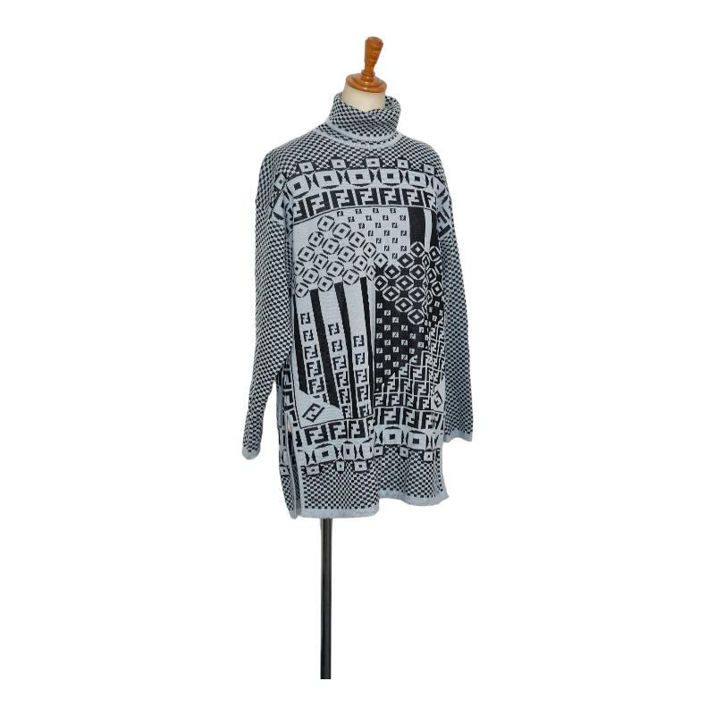 極 美品 希少 フェンディ FF ロゴ 総柄 ニット セーター グレー.