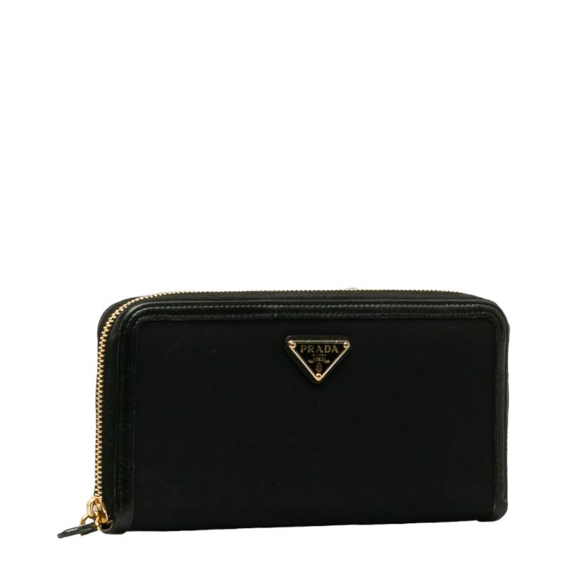 PRADA ブラック ナイロン/ レザー ラウンドジップ 長財布 三角プレート