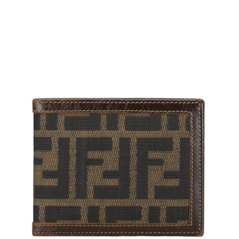 フェンディ ズッカ 二つ折り財布 ブラウン キャンバス レザー  