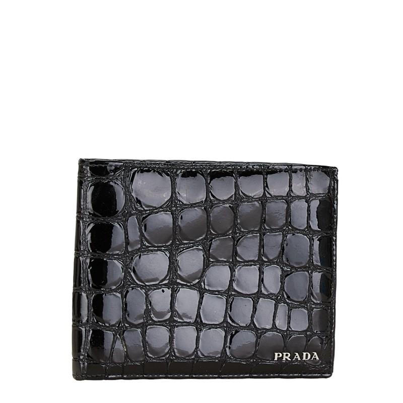 PRADA プラダ クロコ型押し 二つ折り財布 ブラック エナメル PRADA プラダ クロコ型押し 二つ折り財布 ブラック エナメル