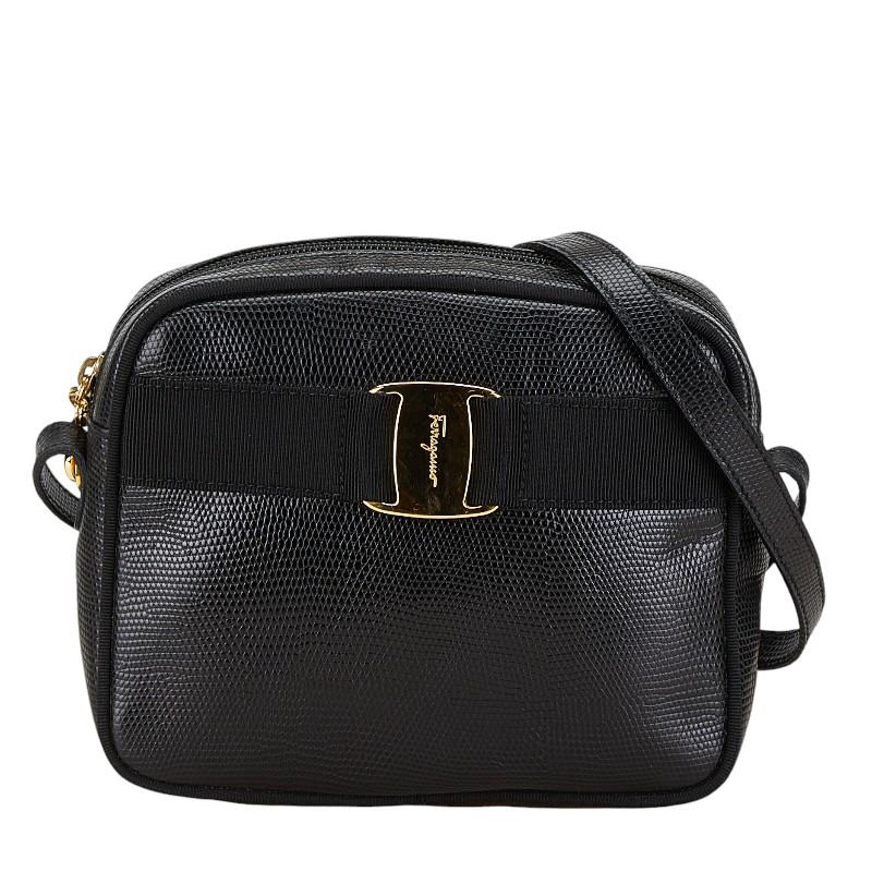 【極美品】Ferragamo リザード型押し ショルダーバッグ ヴァラリボン 黒 サルヴァトーレフェラガモ ヴァラ リザード 型押し ショルダー