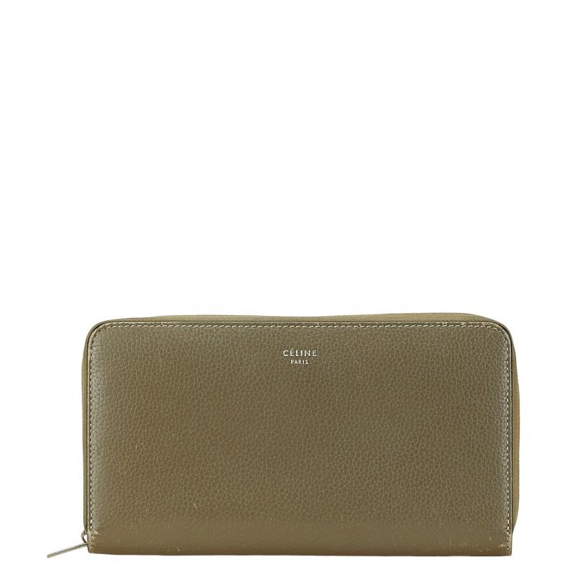 美品 CELINE レザー 長財布 グレー系 ウォレット ラウンドファスナー CELINE セリーヌ 財布 ラウンドファスナー グレー系 レディース