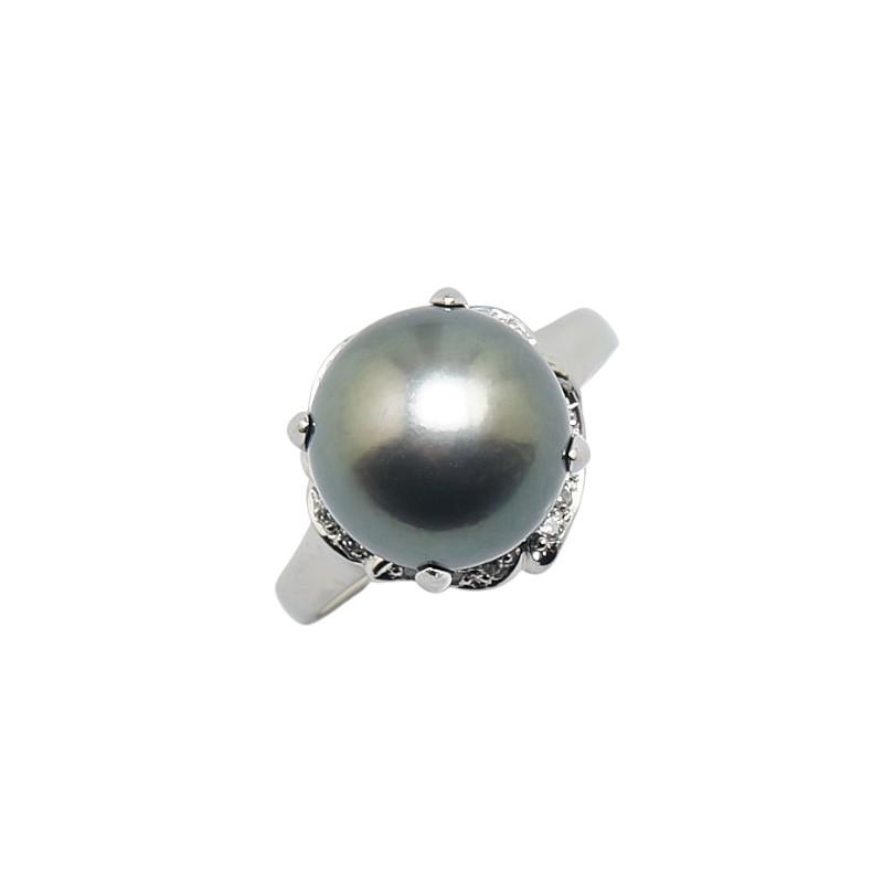 Pt900 プラチナ 黒蝶真珠12mm ダイヤ0.13ct リング 指輪 #57