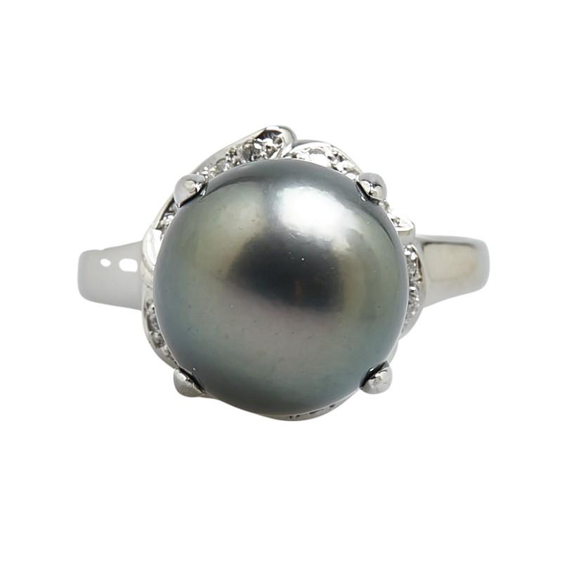 Pt900 プラチナ 黒蝶真珠12mm ダイヤ0.13ct リング 指輪 #57