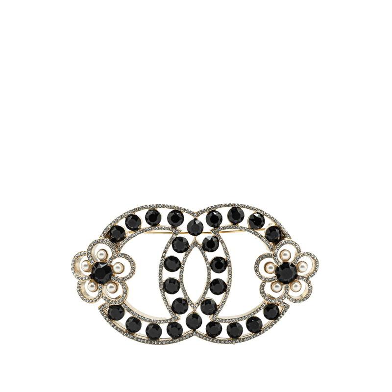 CHANEL フラワーブローチ ブラック ゴールド