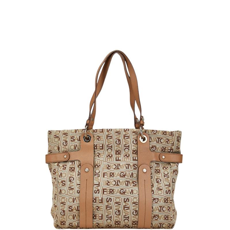 サルヴァトーレフェラガモ トートバッグ ショルダーバッグ EJ-21 8481 グレー ベージュ キャンバス レザー Salvatore Ferragamo 【中古】 サルヴァトーレフェラガモ トートバッグ ショルダーバッグ EJ-21 8481