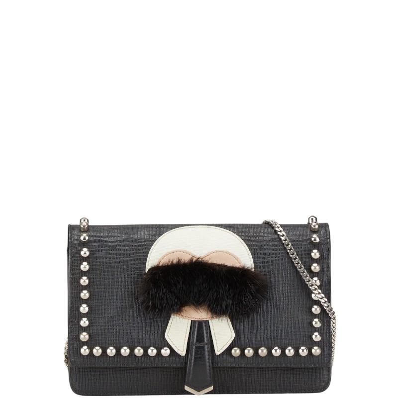 フェンディ モンスター カールラガーフェルド ウォレットチェーン 8M0346 ブラック マルチカラー レザー ファー FENDI 【中古】 FENDI（フェンディ） モンスター カールラガーフェルド ウォレット