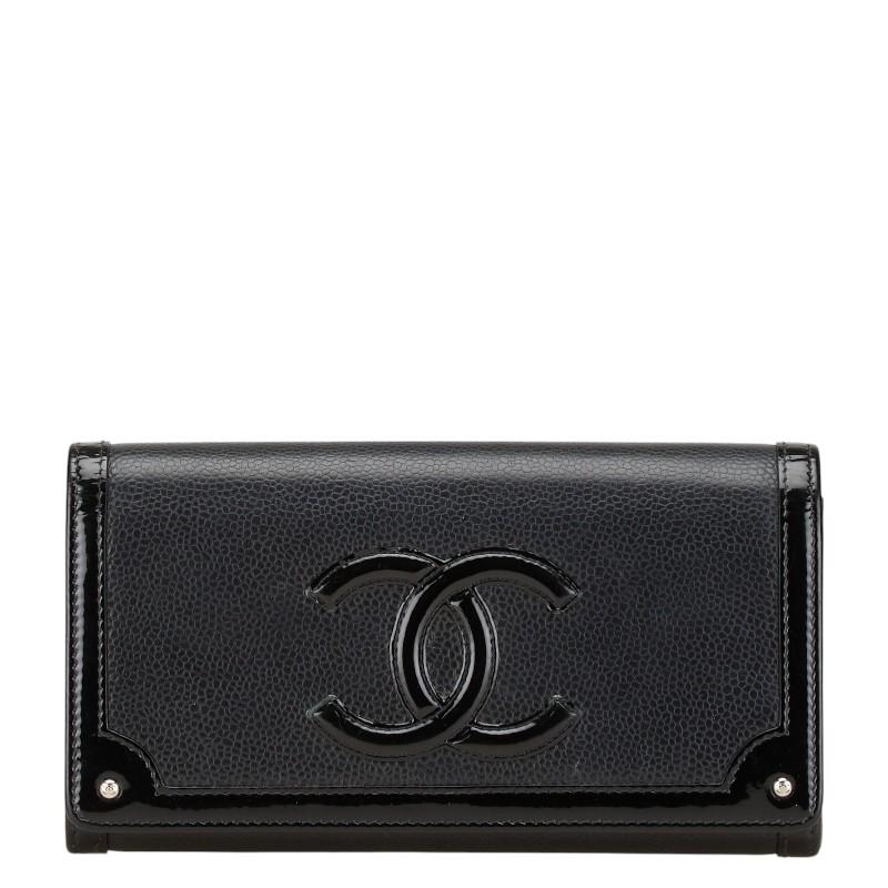 CHANEL シャネル ココマーク 長財布 ブラック キャビアスキン エナメル 