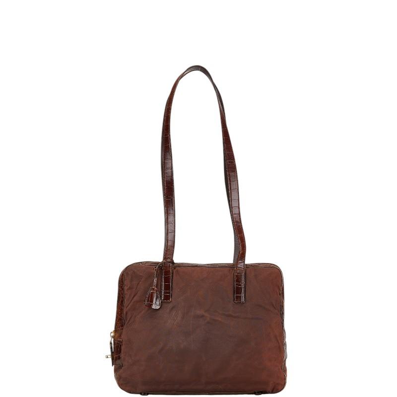 プラダ 三角ロゴプレート トートバッグ ショルダーバッグ ブラウン ナイロン レザー レディース PRADA 【中古】 PRADA（プラダ） 三角ロゴプレート ハンドバッグ ショルダーバッグ