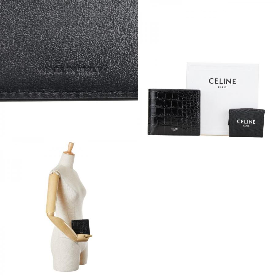 CELINE セリーヌ クロコ型押し 二つ折り財布 ブラック レザー CELINE セリーヌ クロコ型押し 二つ折り財布 ブラック レザー