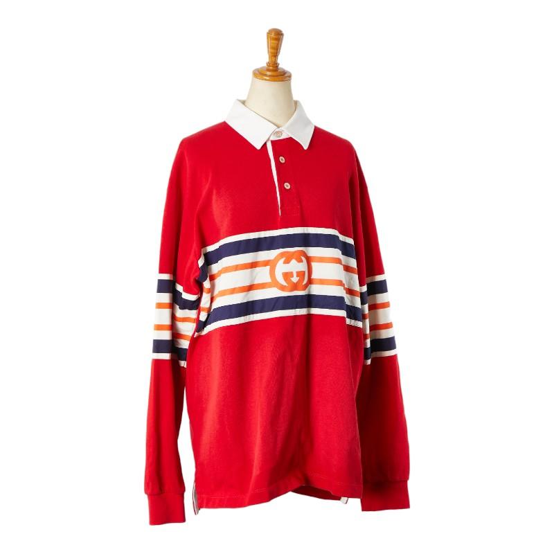 グッチ ボーダー ポロシャツ ラガーシャツ 長袖 サイズ：S 653379 レッド マルチカラー コットン メンズ GUCCI 【中古】 GUCCI（グッチ） ボーダー ポロシャツ ラガーシャツ 長袖 サイズ：S