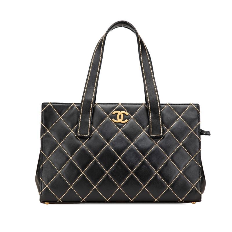 シャネル ワイルドステッチ ココマーク トートバッグ ブラック ラムスキン レディース CHANEL 【中古】 CHANEL（シャネル） ココマーク ワイルドステッチ トートバッグ