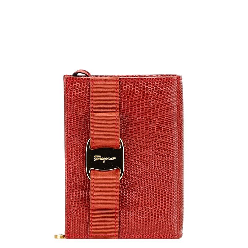 サルヴァトーレフェラガモ ヴァラ ポーチ レッド ゴールド レザー